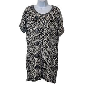 Dee Elle Large Navy Cream Geometric Nordic Print Short Sleeve Tunic Dress Chunky